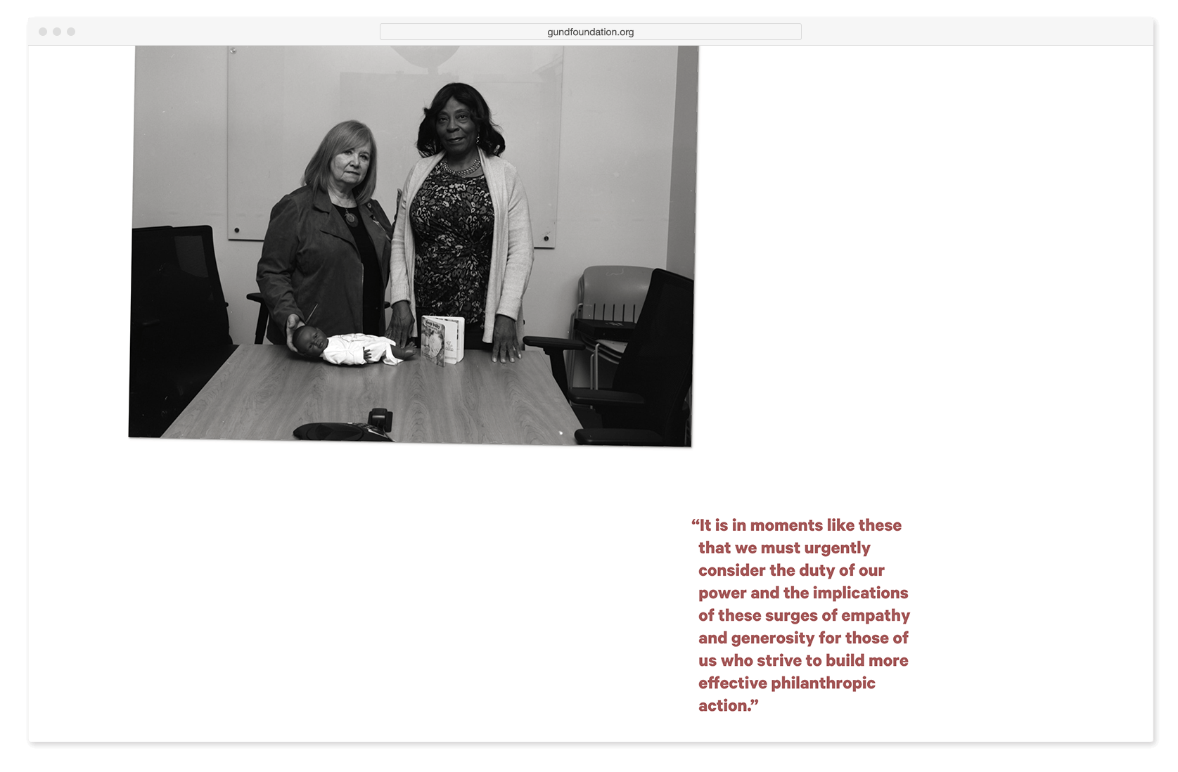 Web browser view of nonprofit web design, featuring photograph of two women and quote from Gund Foundation Board Chair letter
