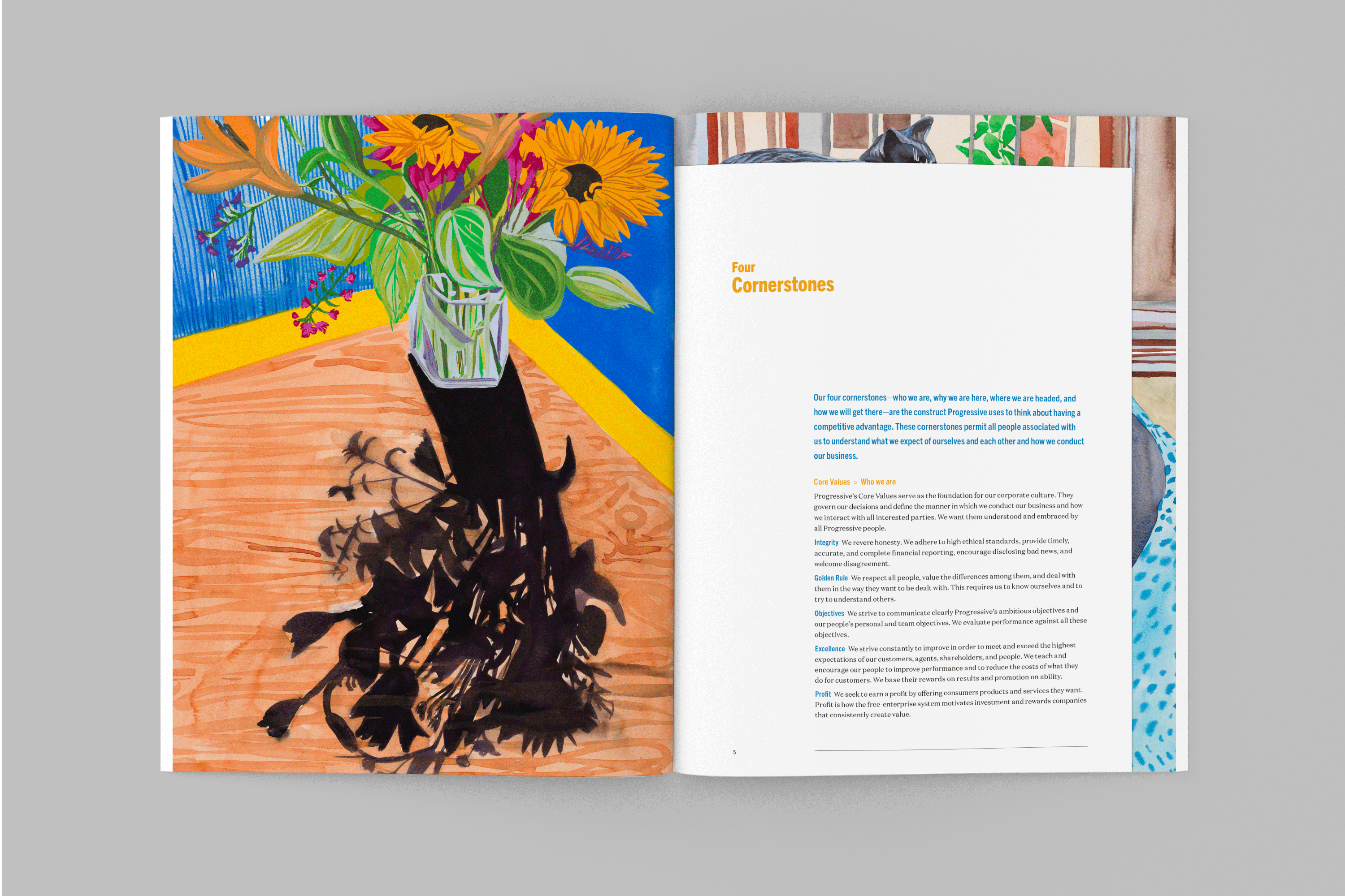 Spread from The Progressive Corporation Annual Report 202 showing a full bleed diptych artwork by Nisenbaum