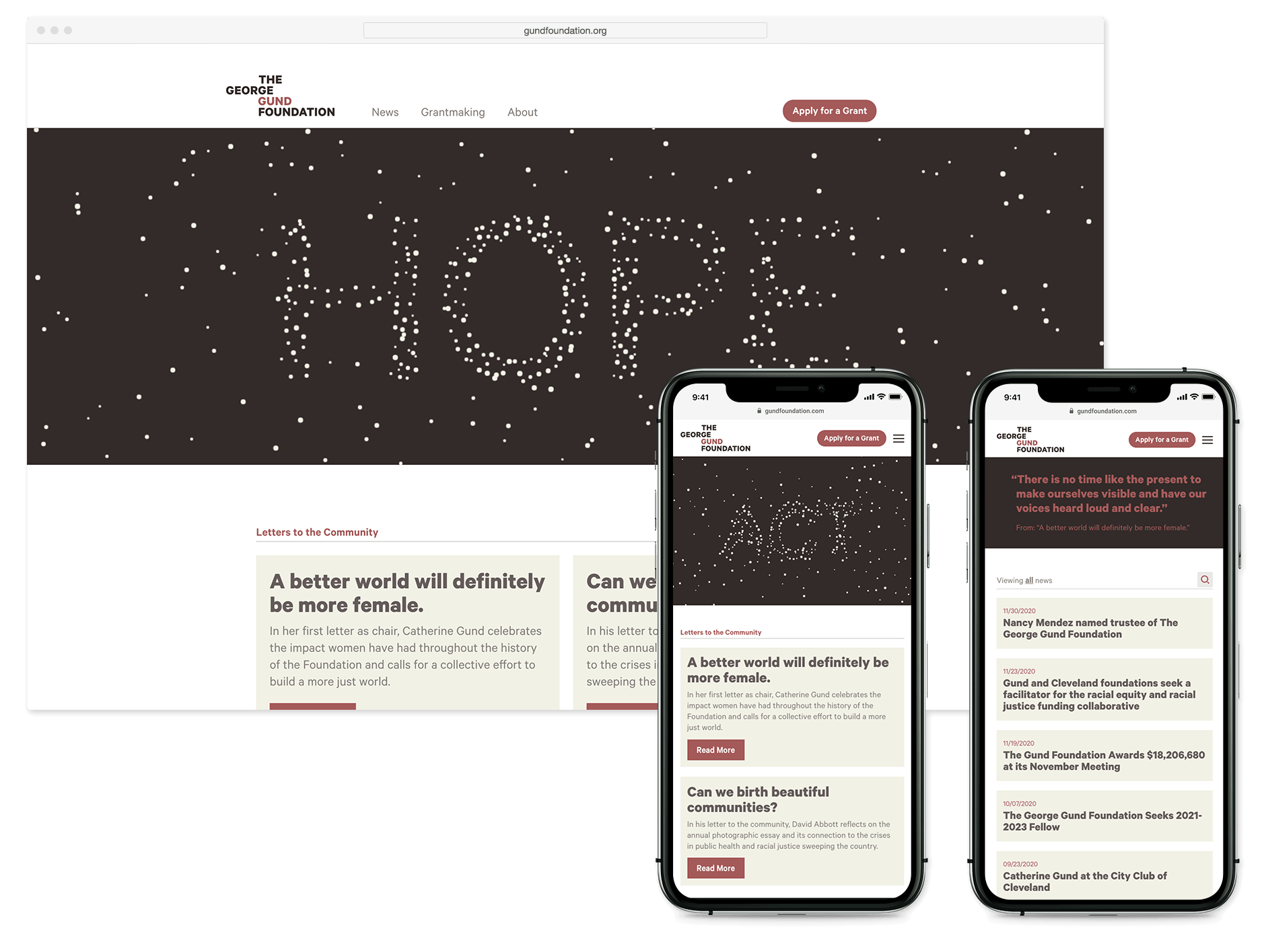 Web browser view of Gund annual website, with particles forming the word "hope" on homepage and two examples of mobile site