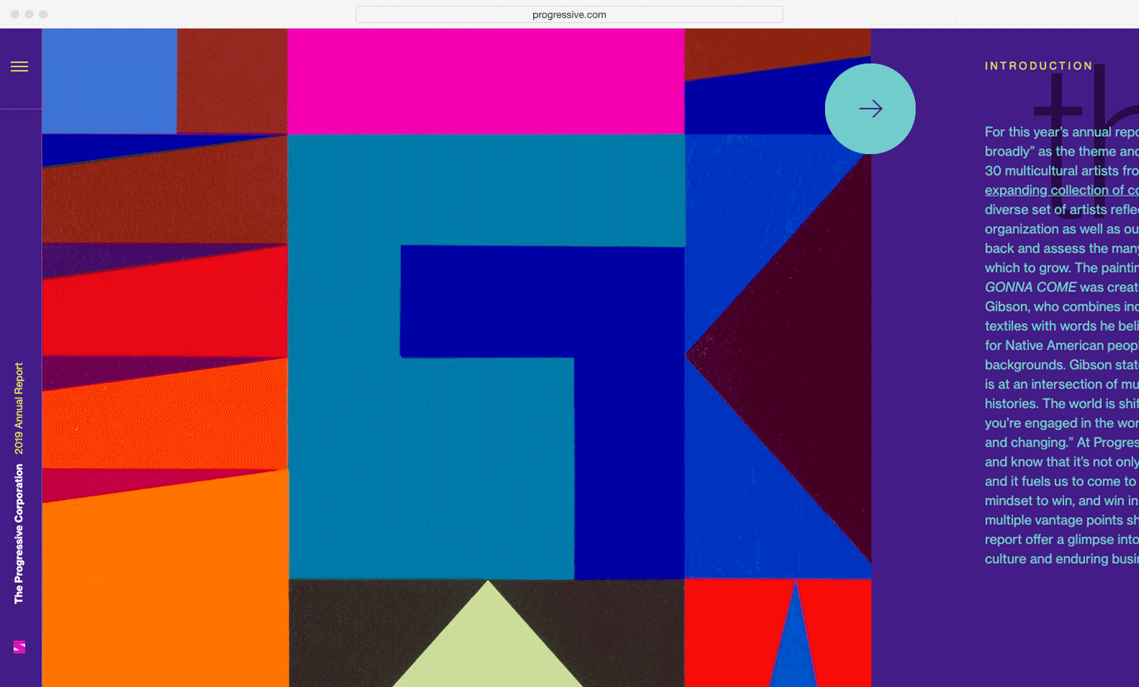 GIF animation of the 2019 Progressive Corporation annual report web design, featuring Jeffrey Gibson artwork on the microsite