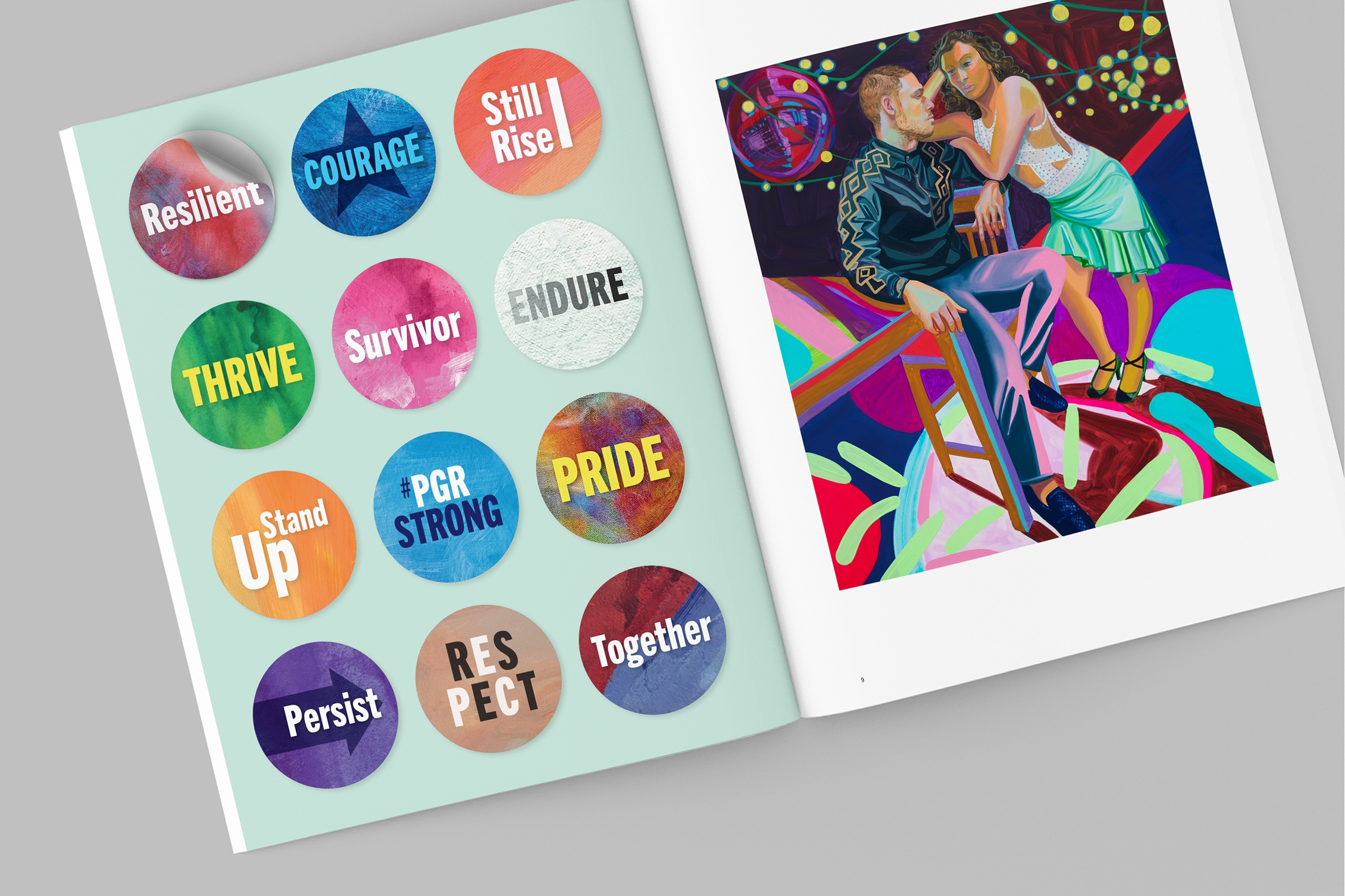An open spread from The Progressive Corporation Annual Report 2020 showing a sticker sheet on the left hand page, and a painting of two dancers by Aliza Nisenbaum on the right.