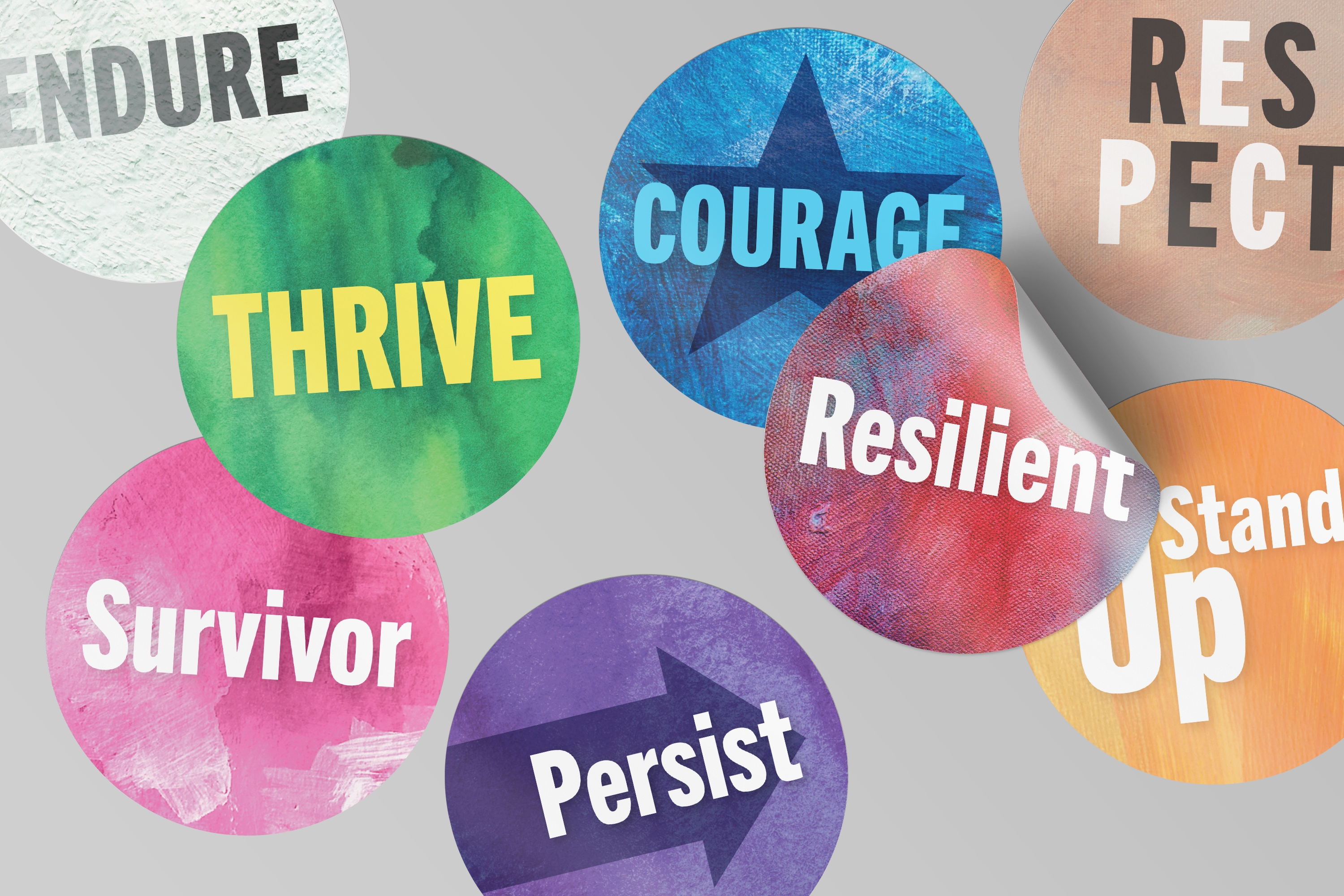A collection of stickers from The Progressive Corporation Annual Report 2020, reading messages such as "Thrive," "Resilient," and "Persist."