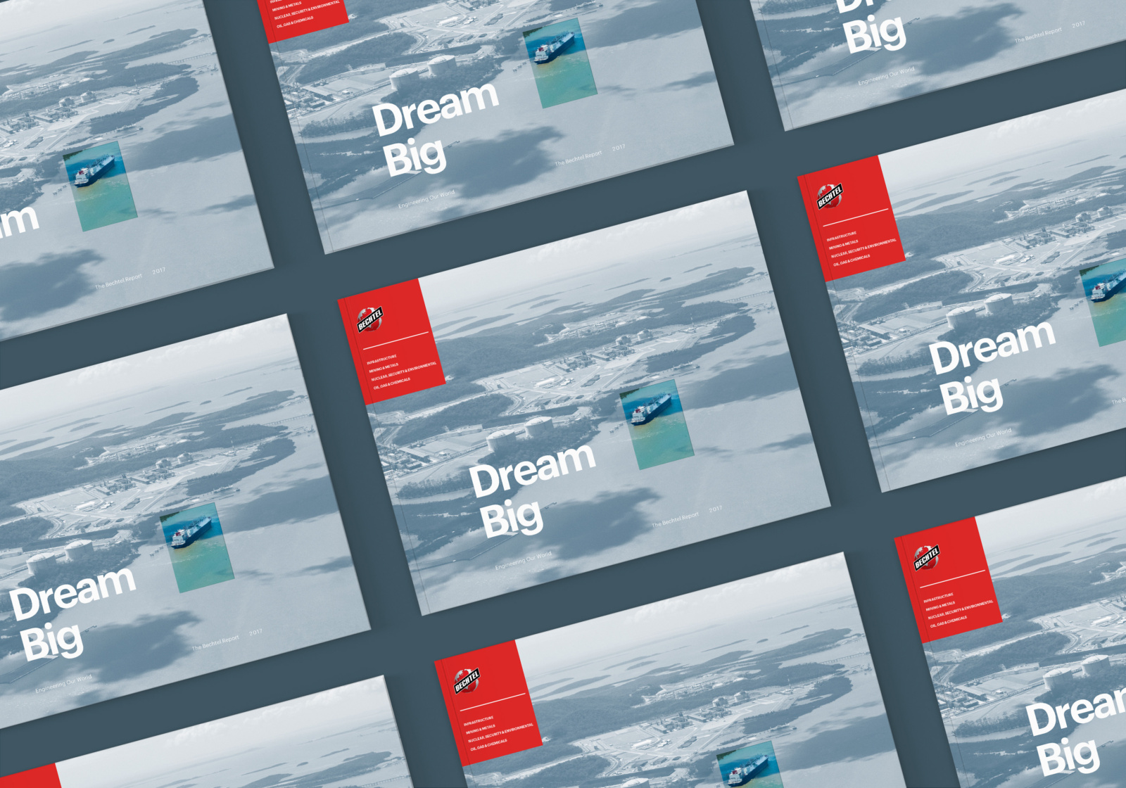 An array of covers of the 2017 Bechtel annual report design, “Dream Big”