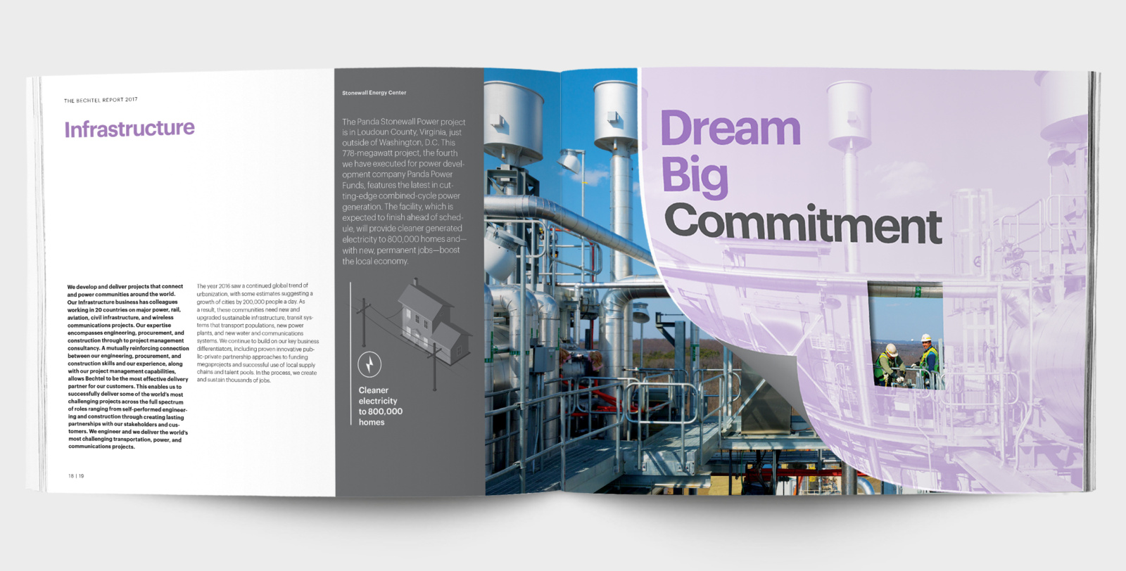 Open spread from the 2017 “Dream Big” Bechtel annual report design, showing a gatefold and die cut image reveal