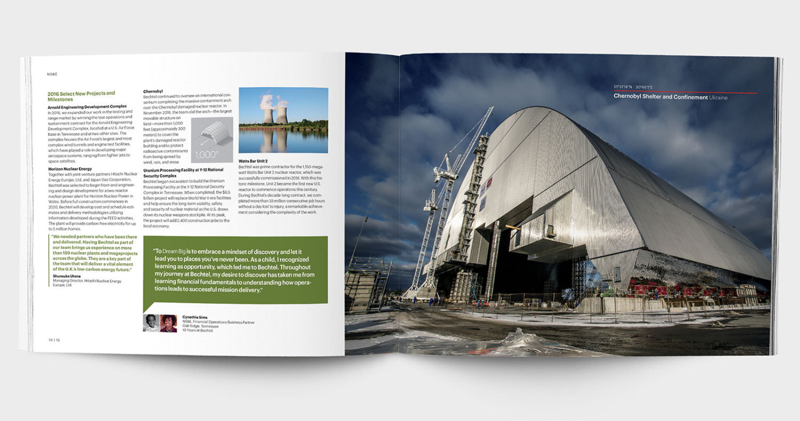 Open spread from the 2017 Bechtel "Dream Big" annual report design, with a large image of Chernobyl and a pull quote