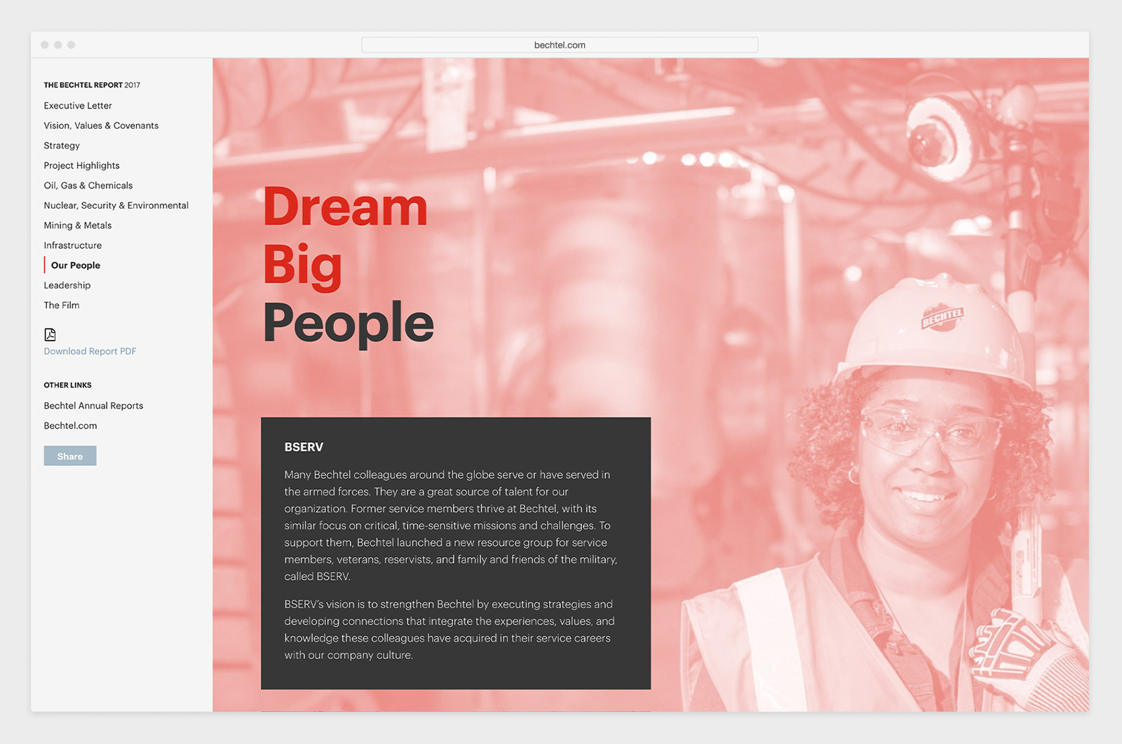 Web browser view from the interactive digital 2017 Bechtel annual report design, with photo of employee wearing a hardhat