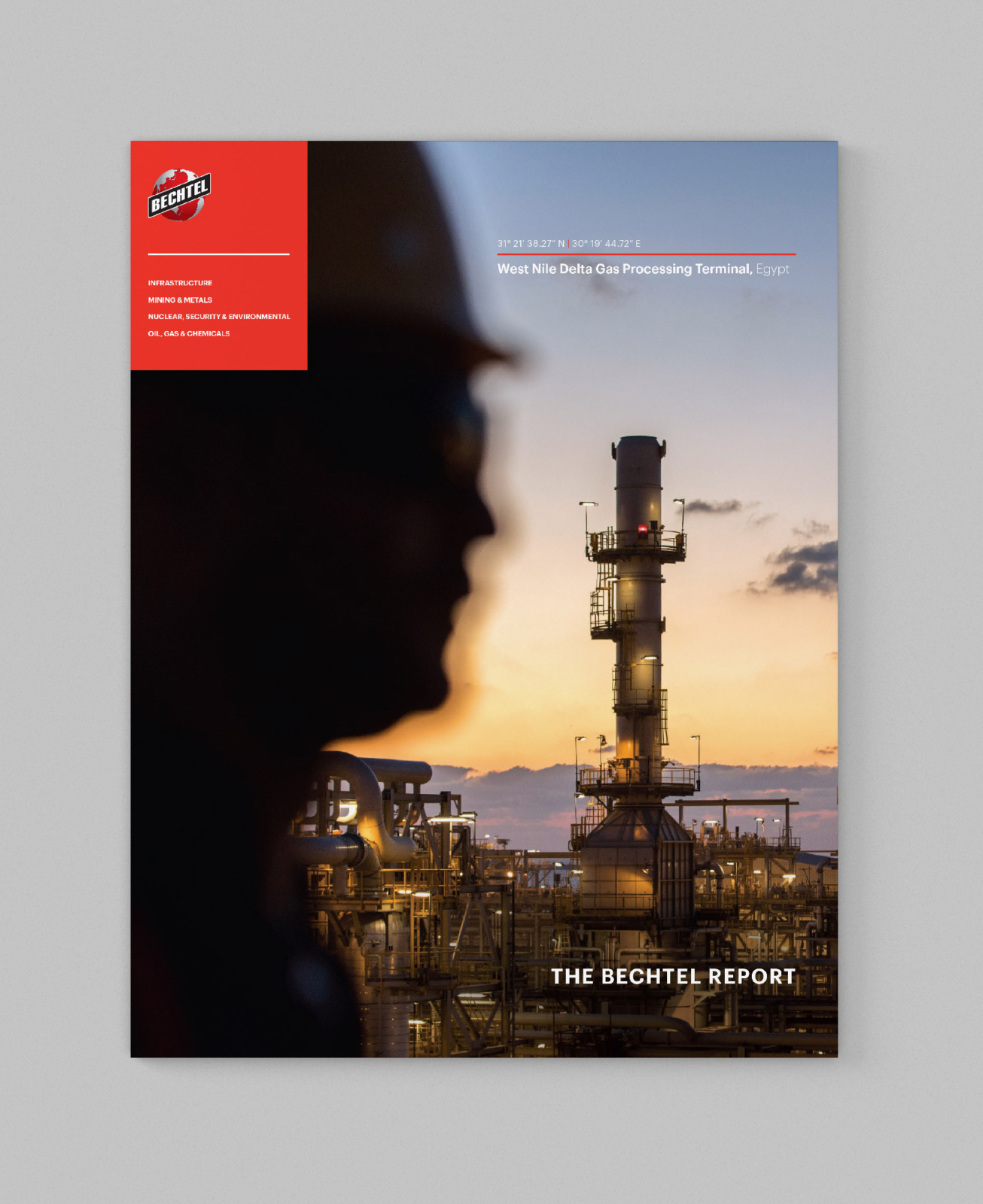 The Bechtel annual report cover design, featuring employee in foreground with West Nile Delta Terminal in background