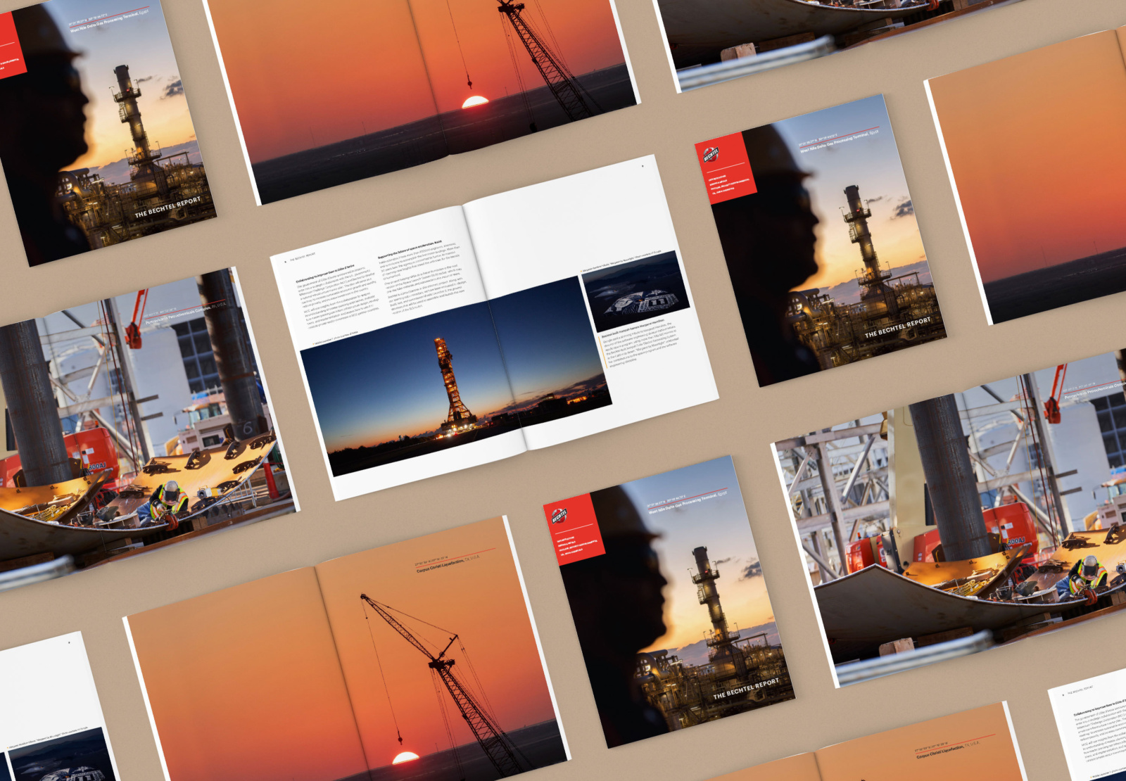 Array of spreads from the Bechtel annual report design