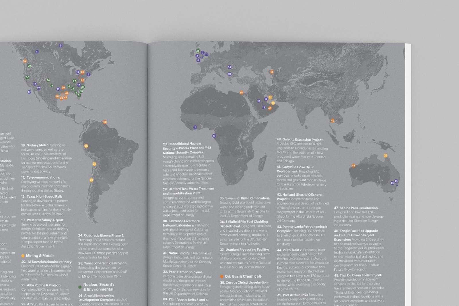Annual report design spread featuring detailed map with pinpoints for Bechtel's global projects
