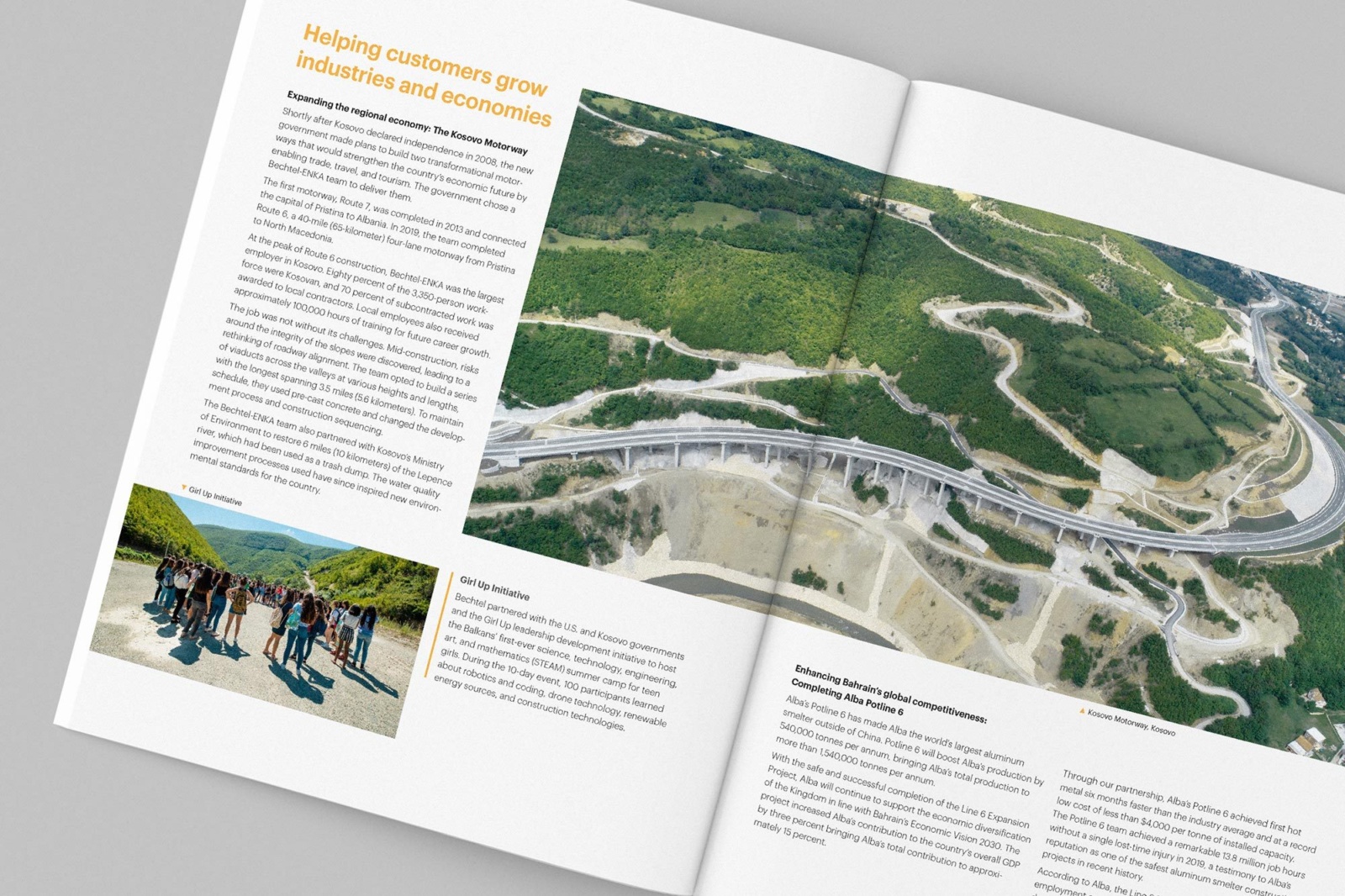 Bechtel annual report design spread, titled "helping customers grow industries and economies" paired with motorway photograph