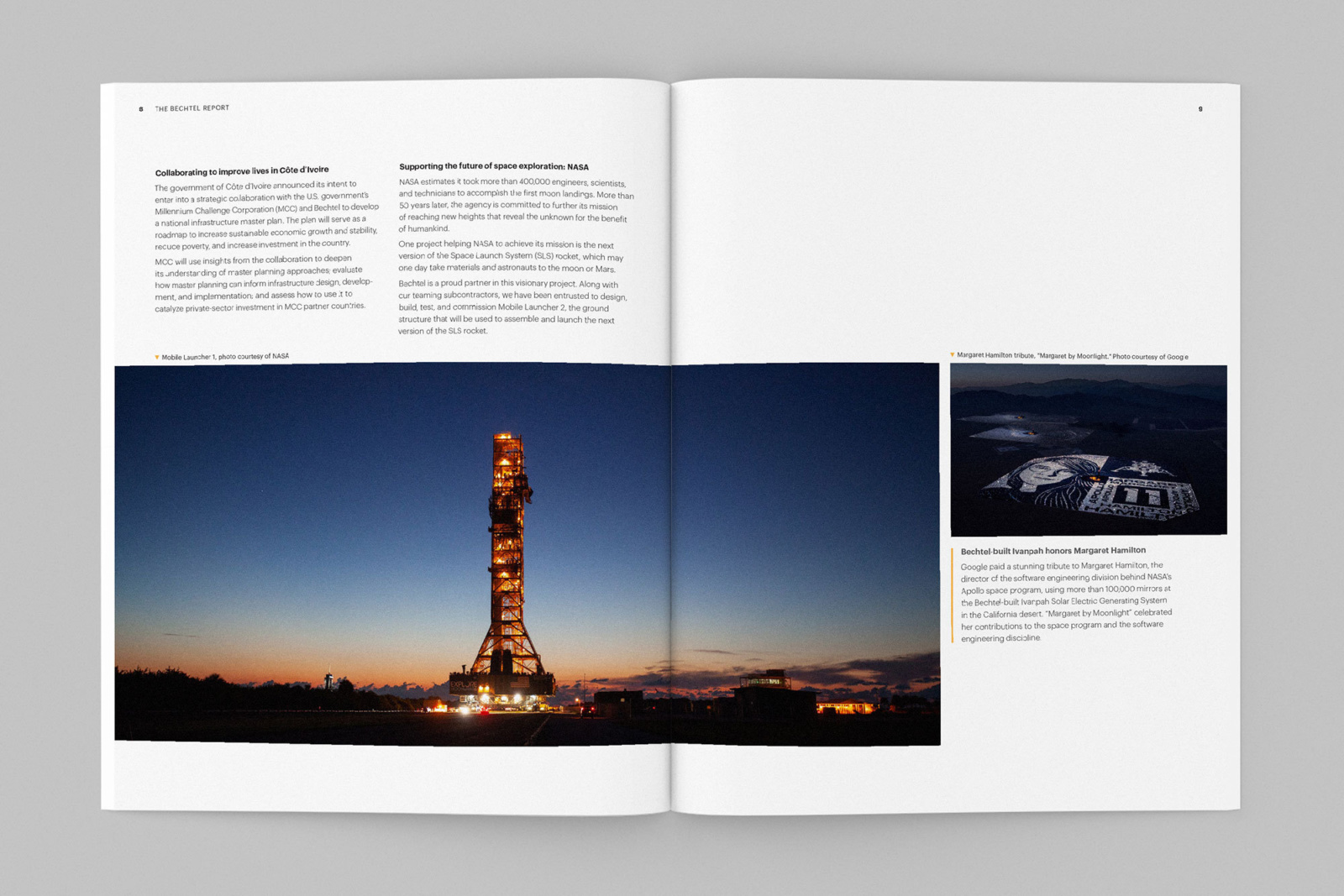 Bechtel annual report design spread featuring photograph of NASA Mobile Launcher 1