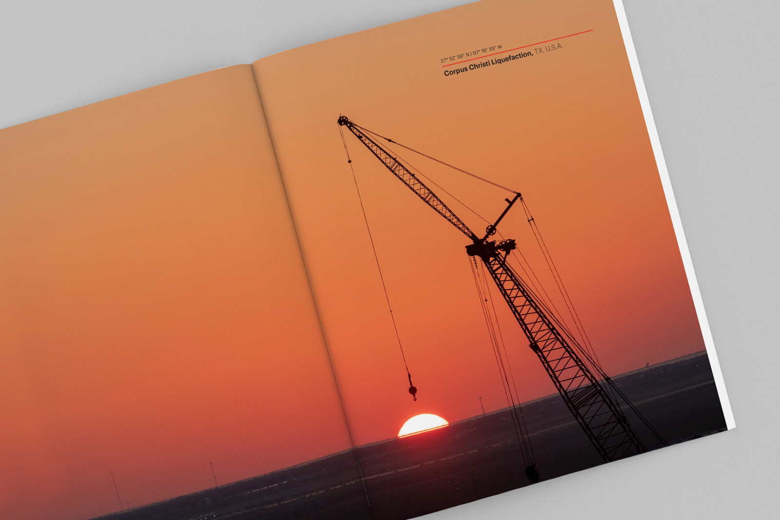 Full-bleed spread in the annual report design showing photograph of Bechtel's Corpus Christi Liquefaction