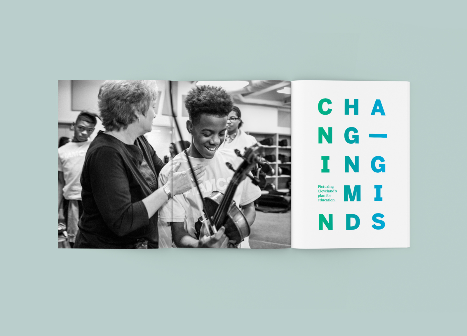 Inside front cover of Changing Minds annual report design for The George Gund Foundation with photograph by Lisa Kessler