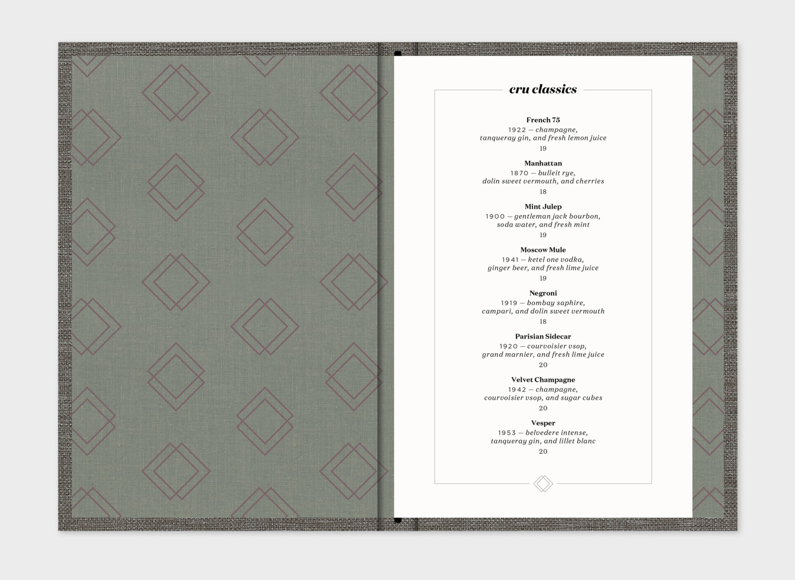 Cru Uncorked drink menu print design spread