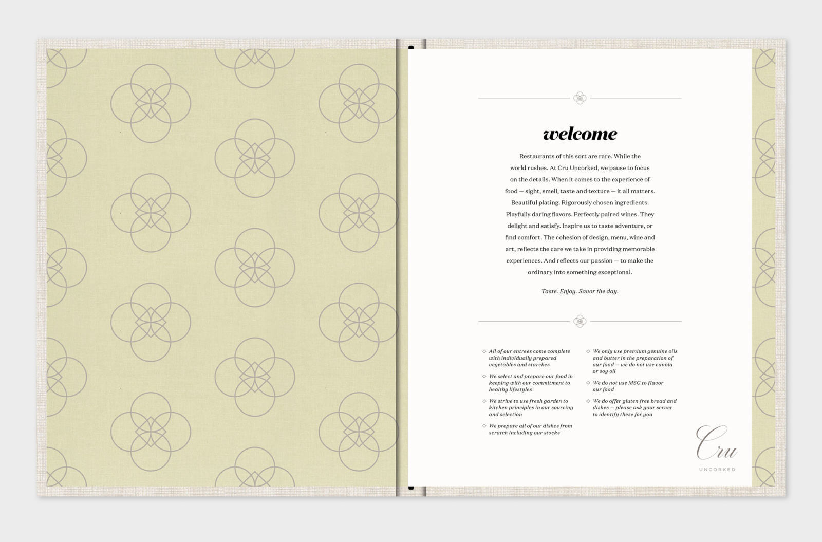 Cru Uncorked menu print design spread