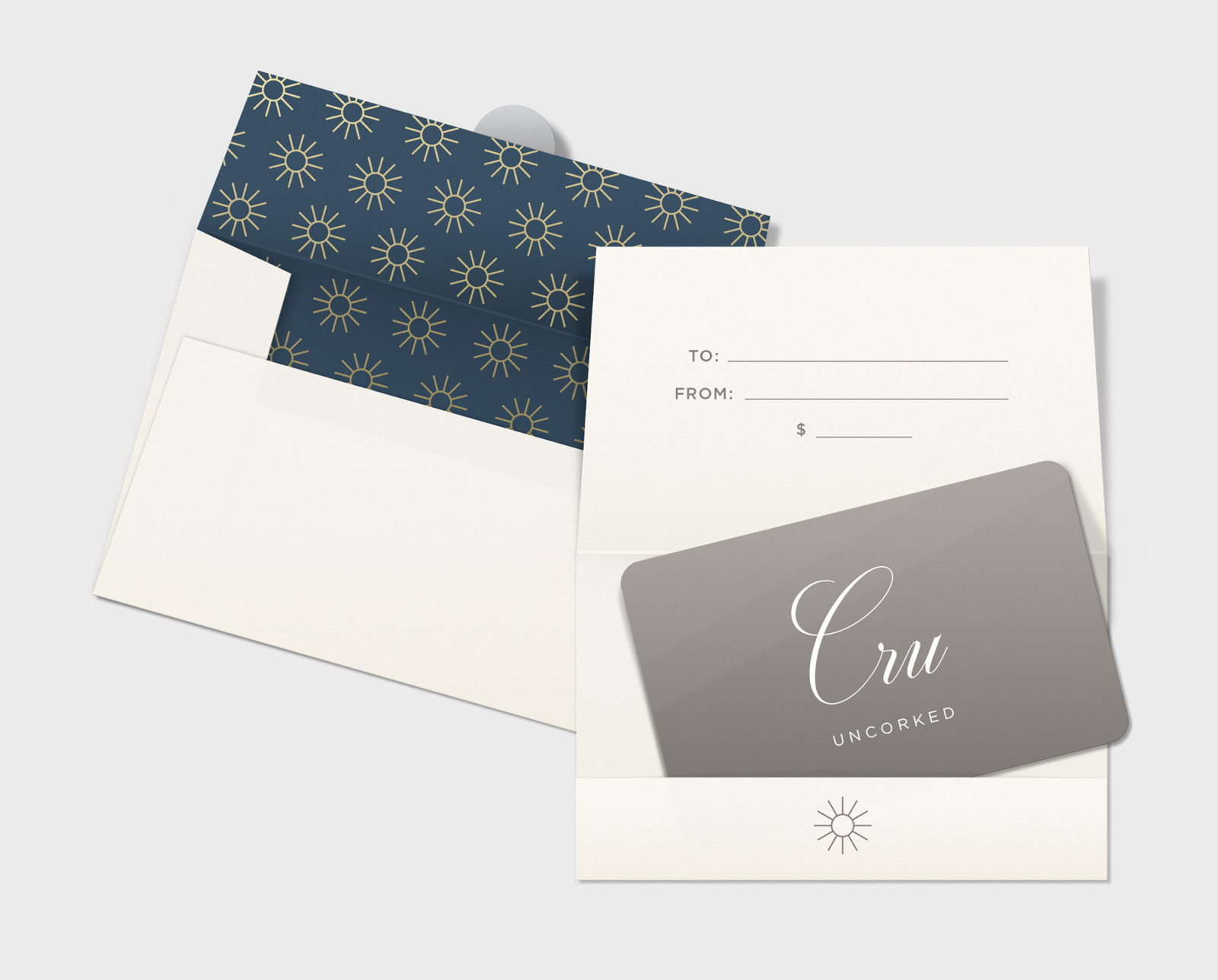 Cru Uncorked gift card and branded envelope