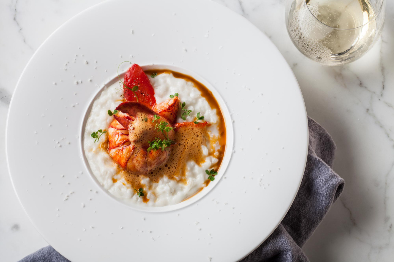 Food photography of lobster risotto, art directed by Nesnadny and Schwartz for the Cru Uncorked identity