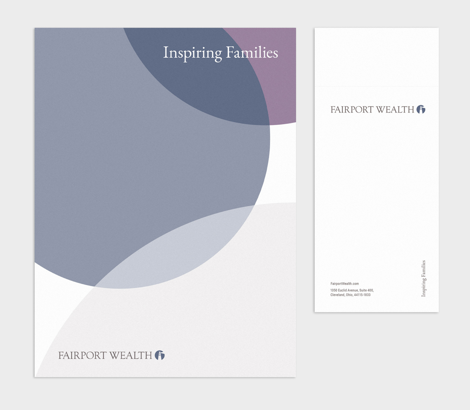 Folder next to a hangtag notecard, which are two print design pieces of the larger Fairport Wealth identity package