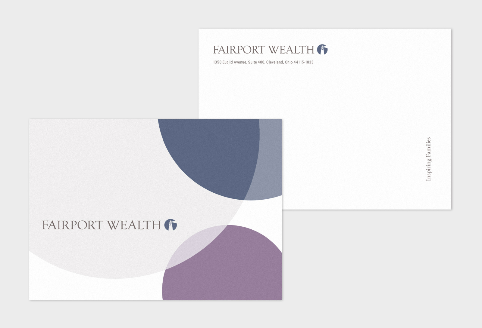 Notecard with its corresponding envelope, which are two print design pieces of the larger Fairport Wealth identity package