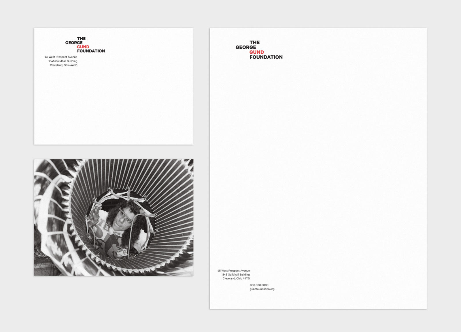 Letterhead and photographic notecard, two print design pieces from The George Gund Foundation identity system