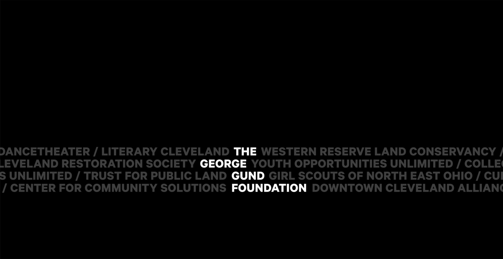 The George Gund Foundation logo design shown nestled into a running banner of names of their grantees