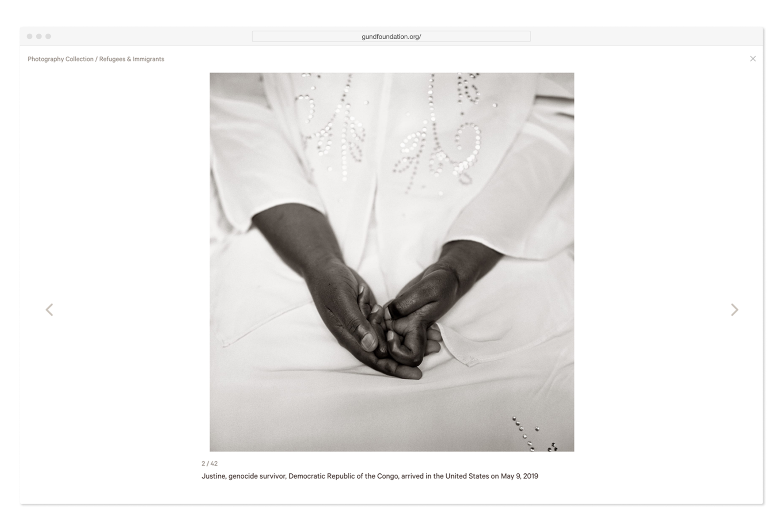 Web browser view of The George Gund Foundation annual web design, featuring hands photographed by Fazel Sheikh
