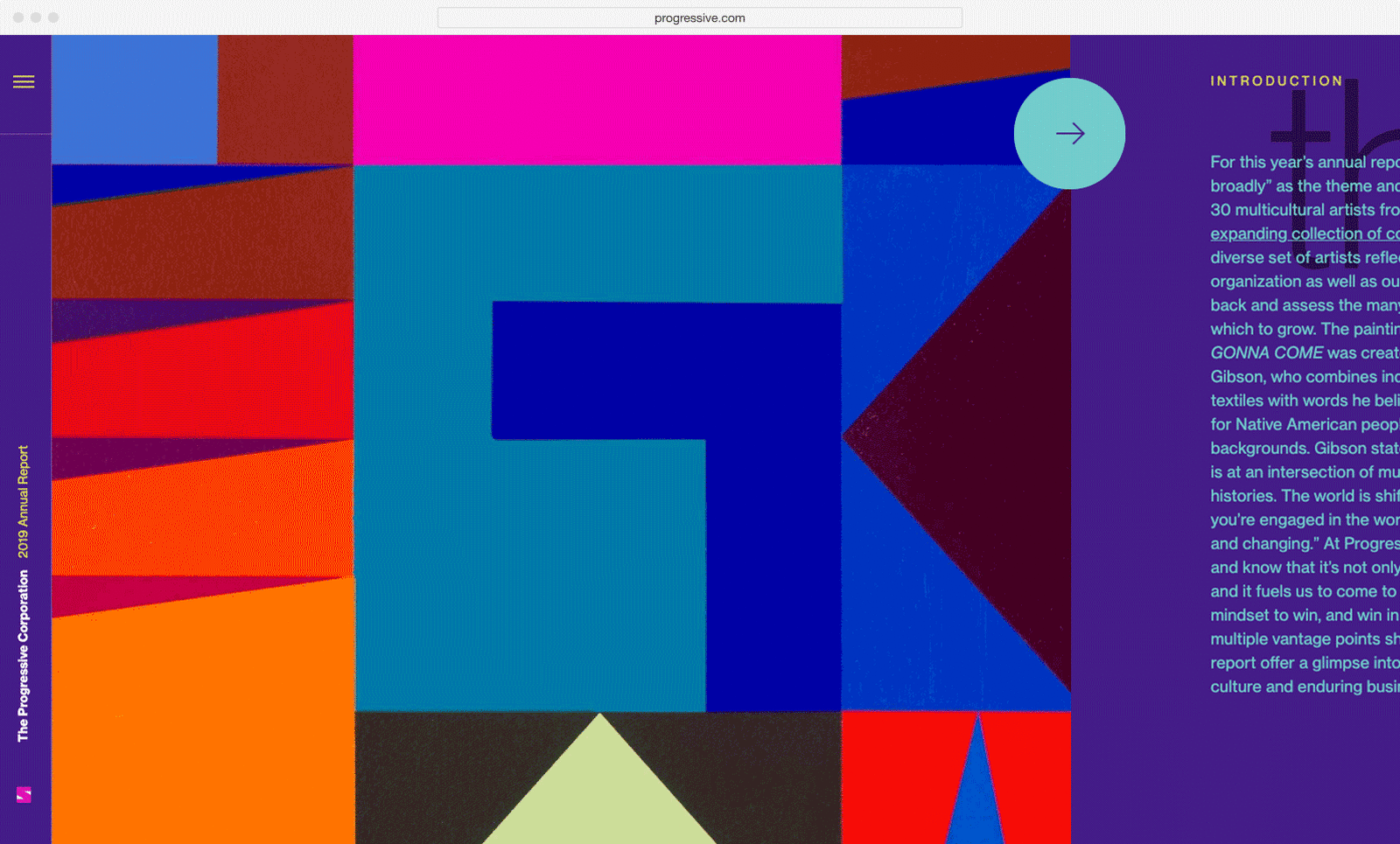 GIF animation of the 2019 Progressive Corporation annual report web design, featuring Jeffrey Gibson artwork on the microsite