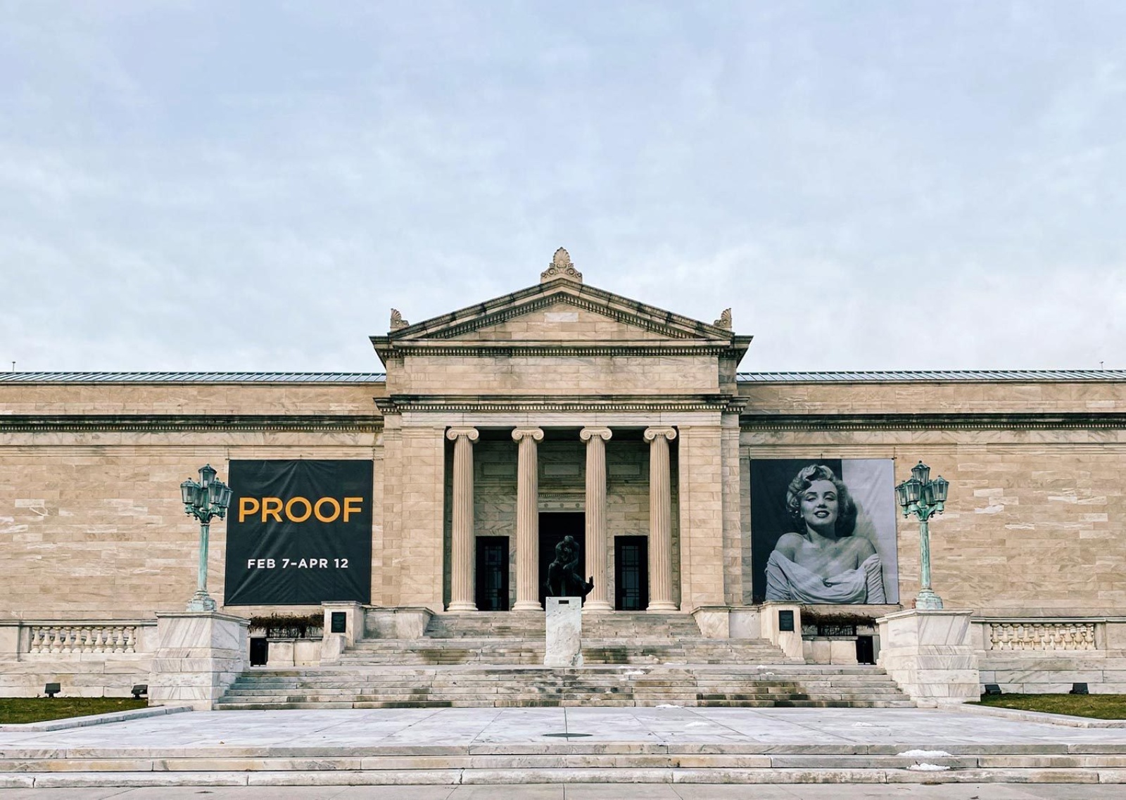 The Cleveland Museum of Art with PROOF branding banners, announcing the exhibition and featuring Marilyn Monroe