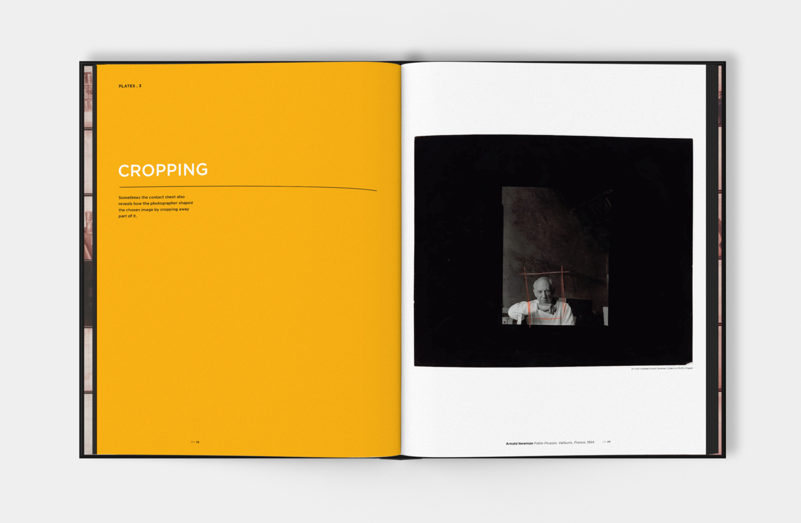 PROOF book design chapter spread, showing the "Cropping" chapter and featuring a photograph of Pablo Picasso