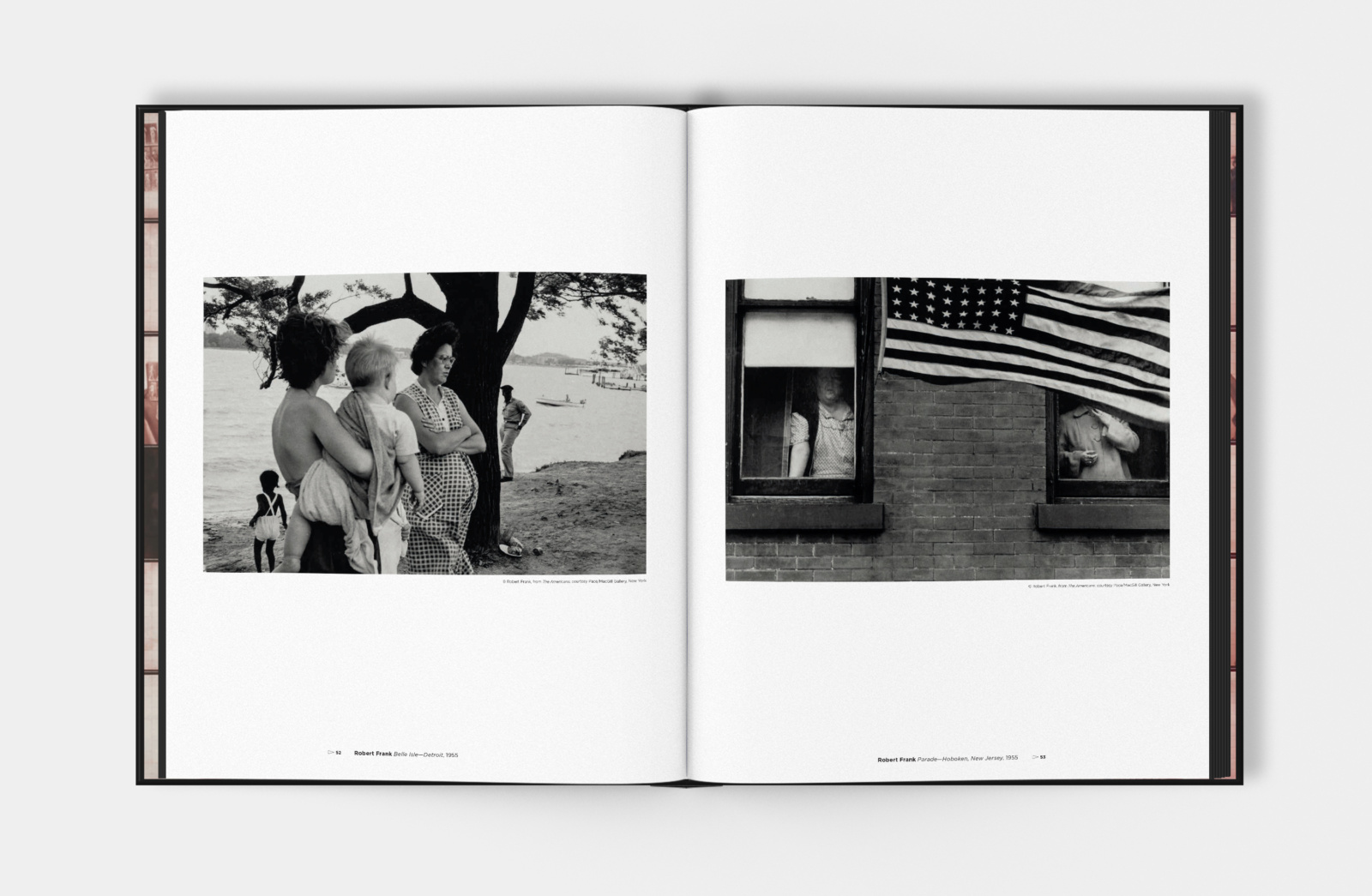 PROOF book design spread, showing two chosen frames from Robert Franks's "The Americans"