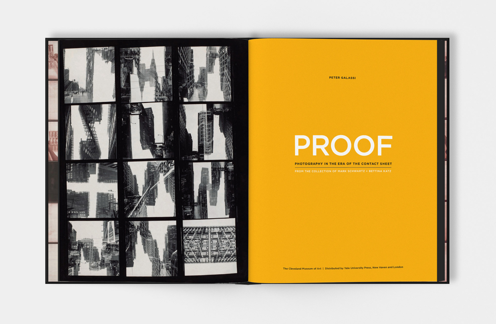 PROOF book design spread, showing a contact sheet on the left and title page on the right