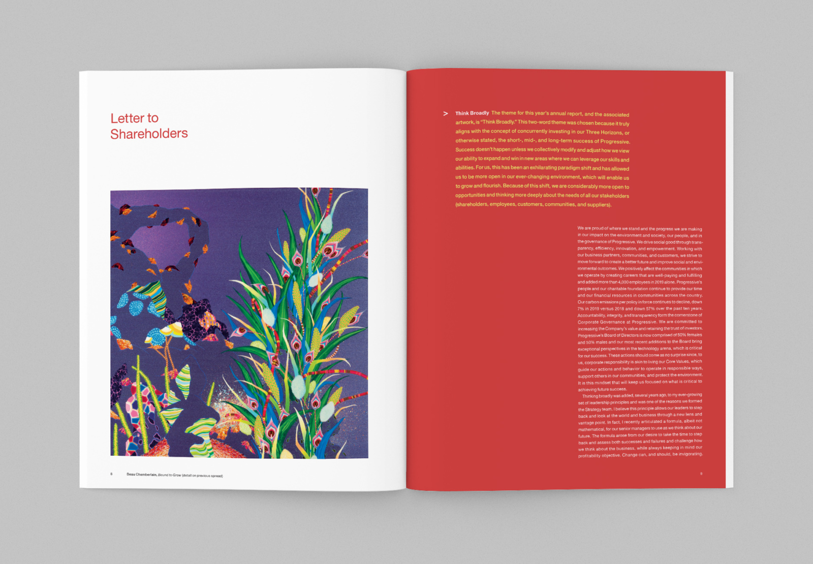 Spread from the 2019 Progressive Corporation annual report design featuring Beau Chamberlain "Bound to Grow" artwork