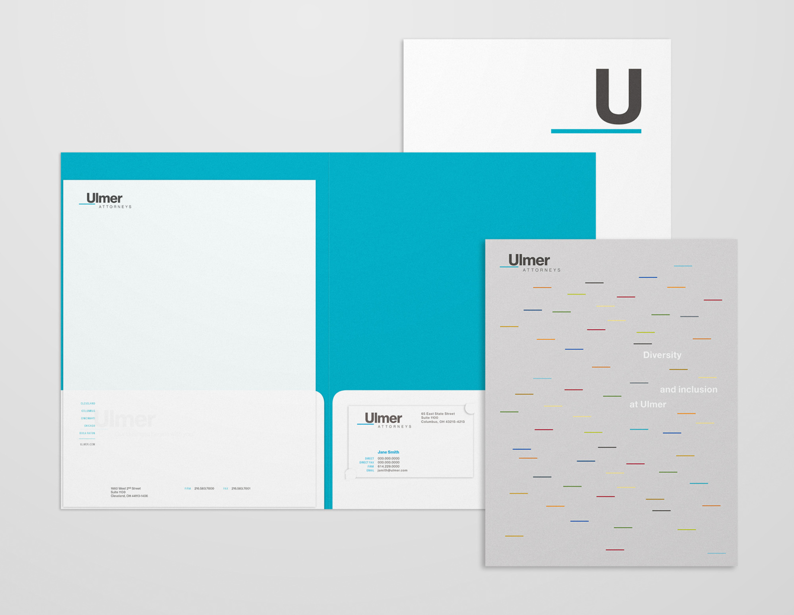 Open and closed views of the pocket folder and diversity brochure from the Ulmer identity system