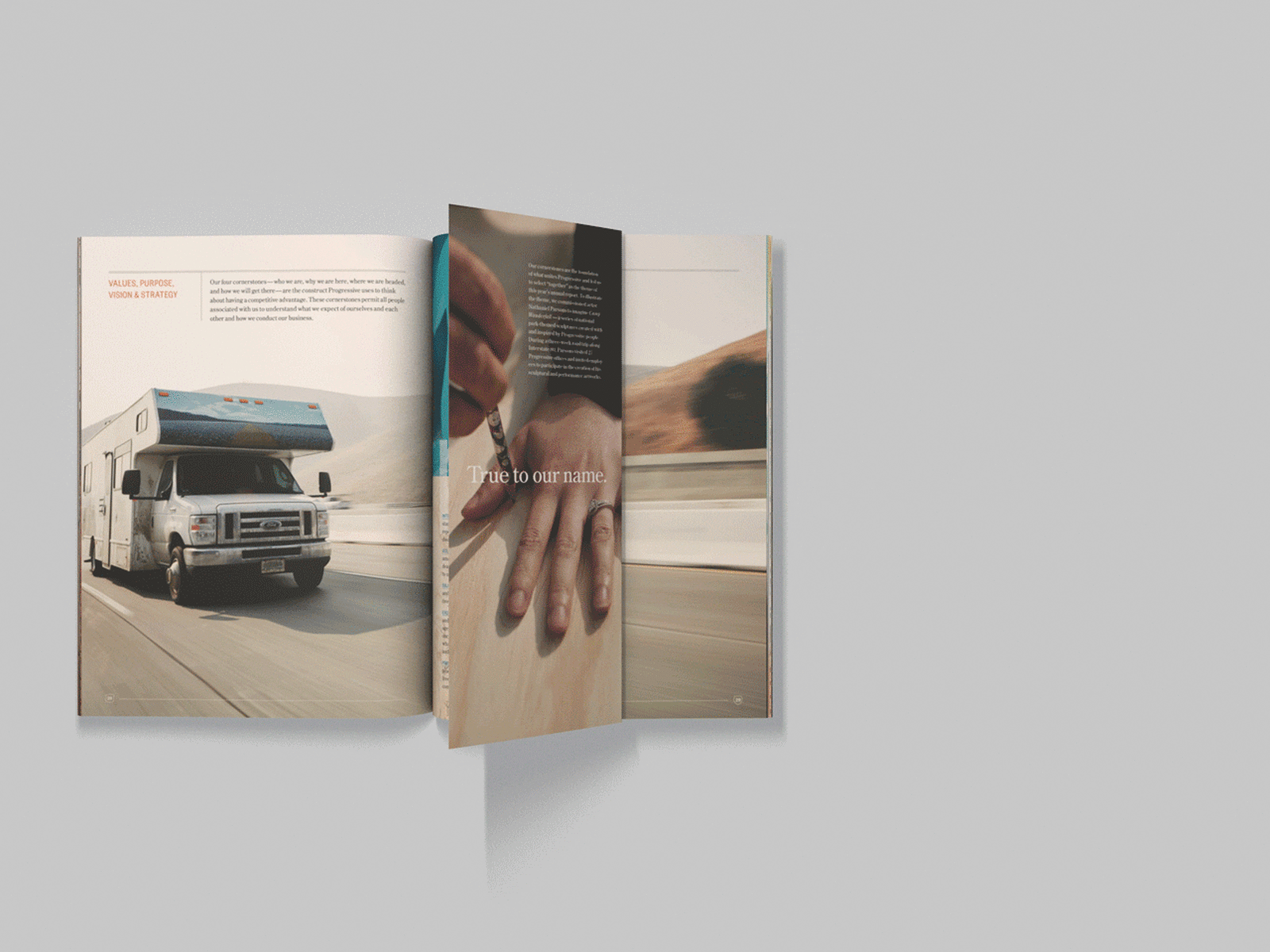 Looped animation showing the 2018 Progressive Corporation annual report design's foldout