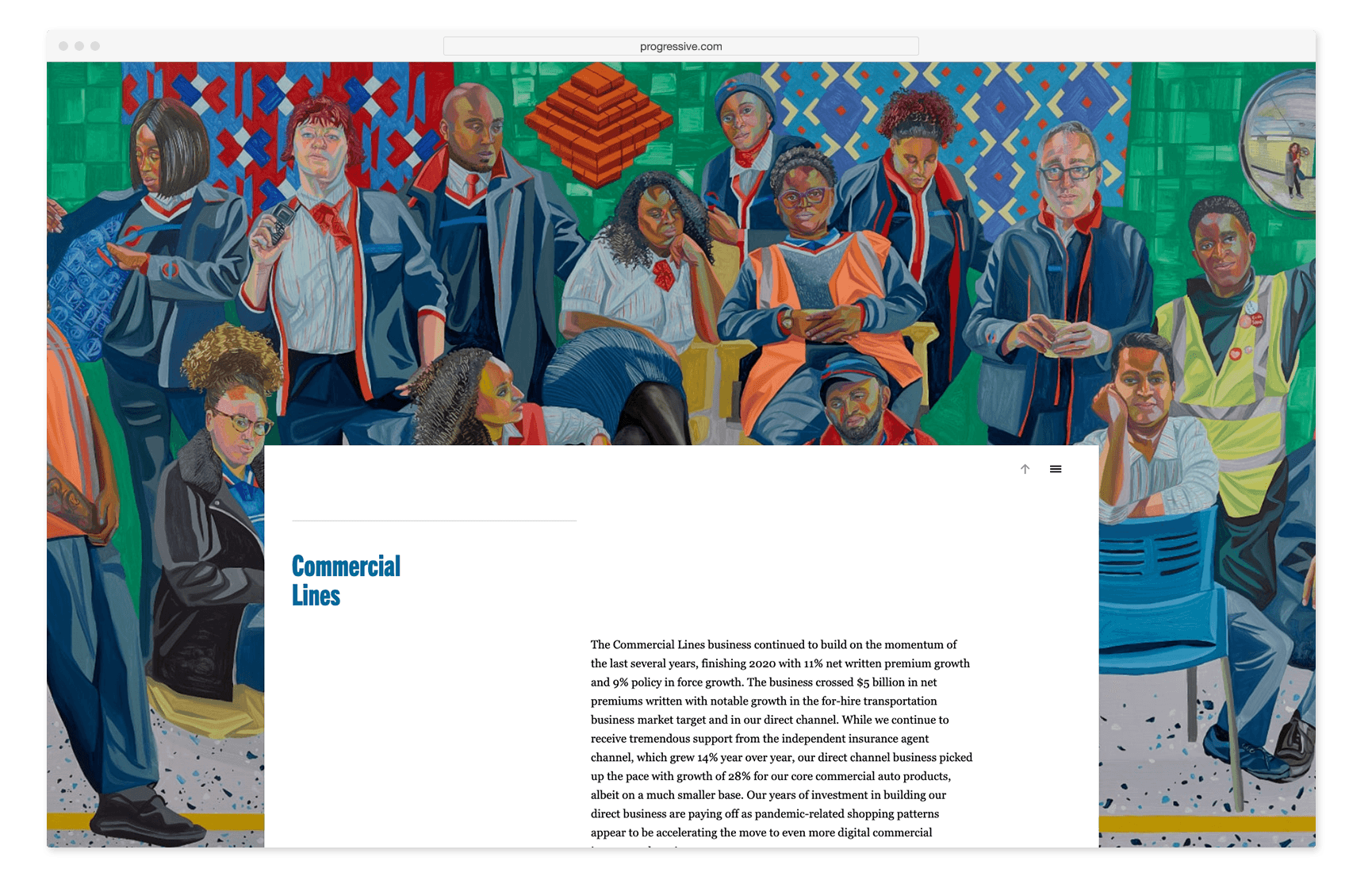 Web browser from The Progressive Corporation Annual Report 2020 showing a chapter head reading "Commercial Lines" and background artwork of many people in a subway station by Aliza Nisenbaum.