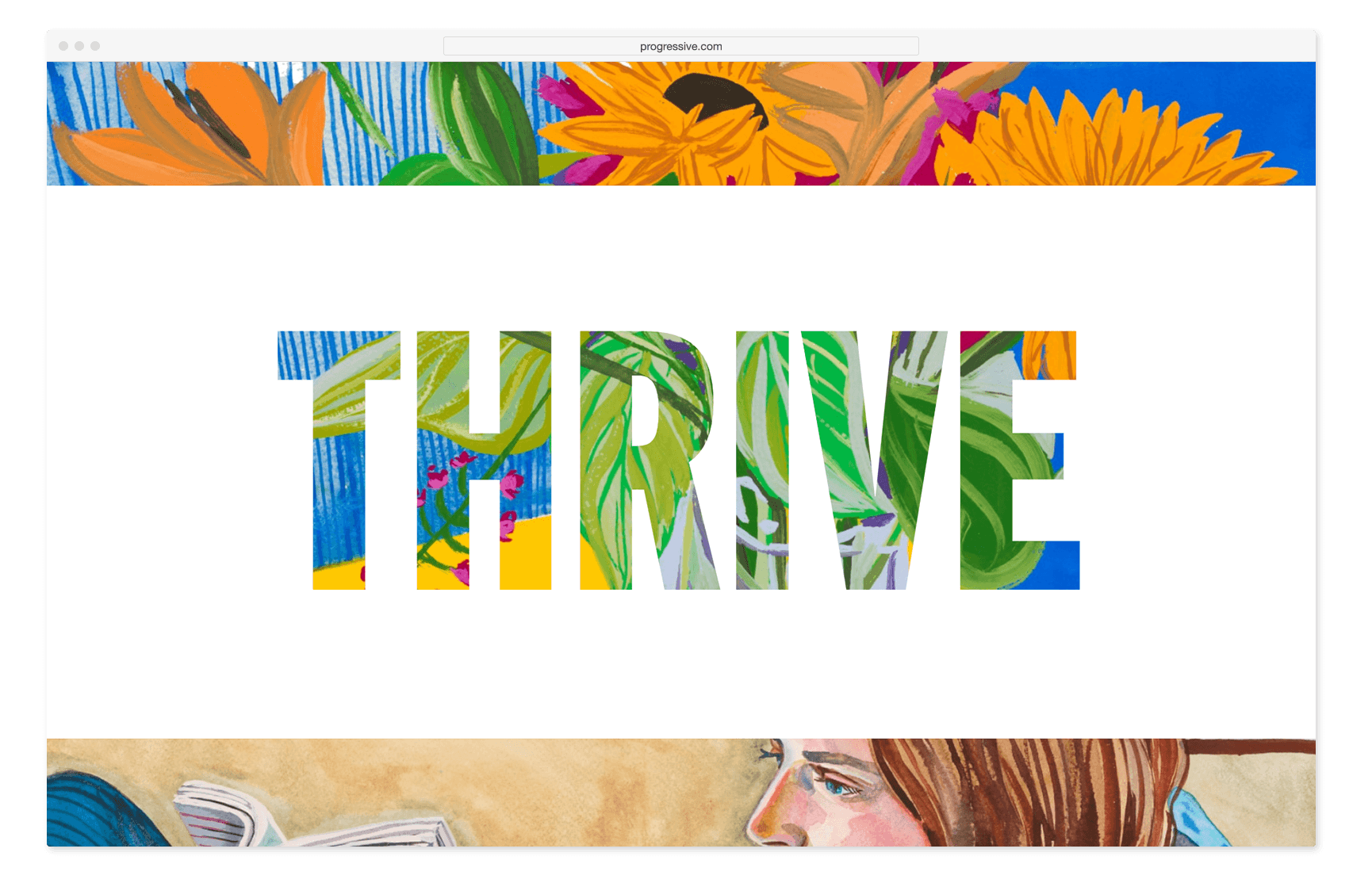A web browser from The Progressive Corporation Annual Report 2020 showing a large white panel with the word THRIVE cut out of it, with hints of a colorful painting peeking through the letterforms.